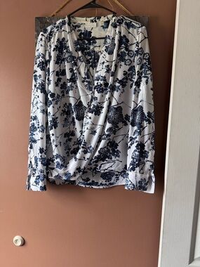New York & Company Navy Floral Wrap-Style Top on White